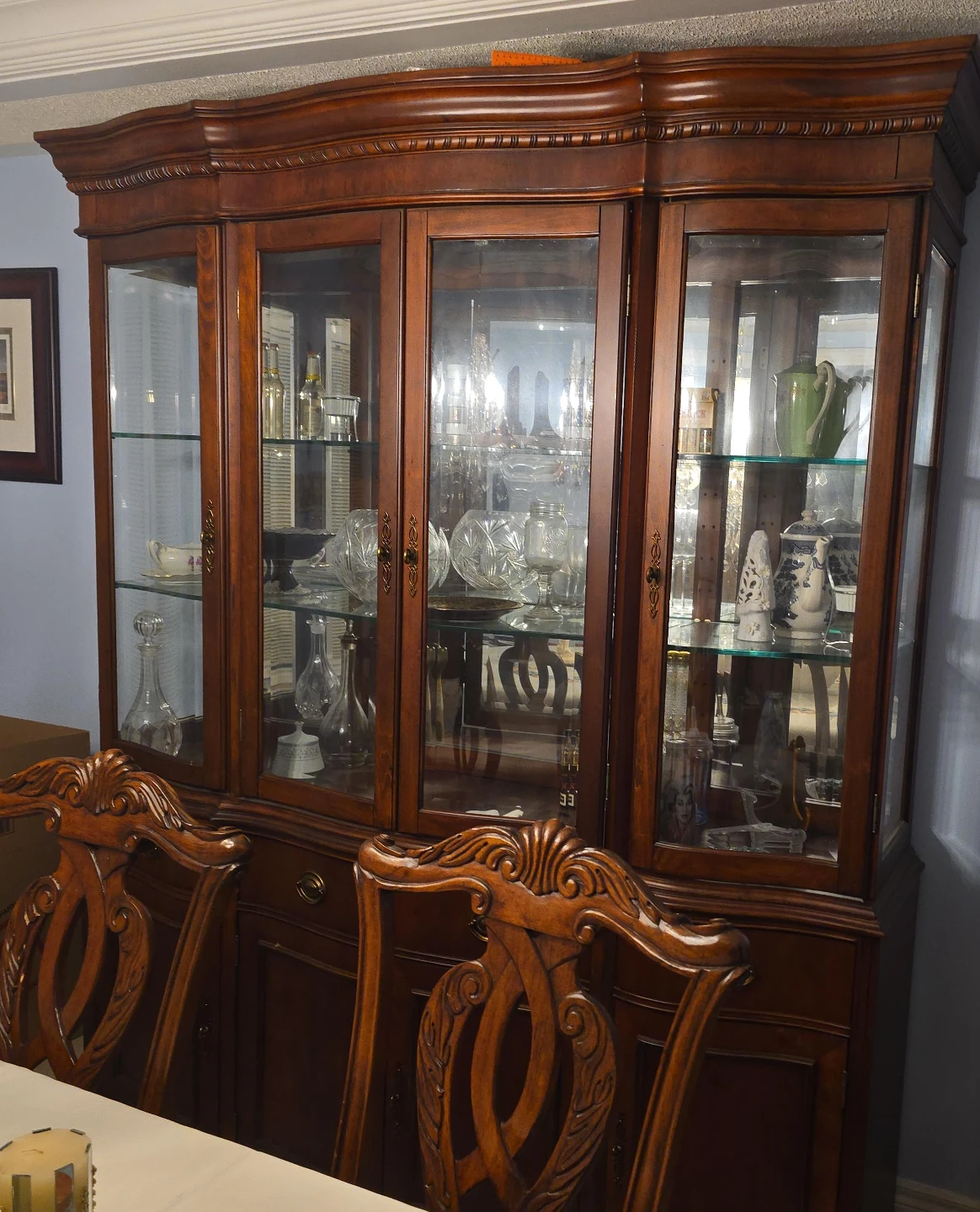 Solid Wood  Cabinet with Glass Doors dining room set 6 chairs