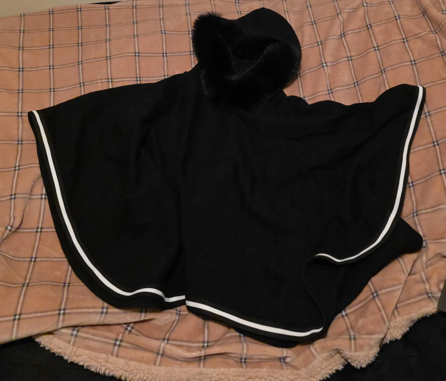 Black Poncho with Fur Hood Trim