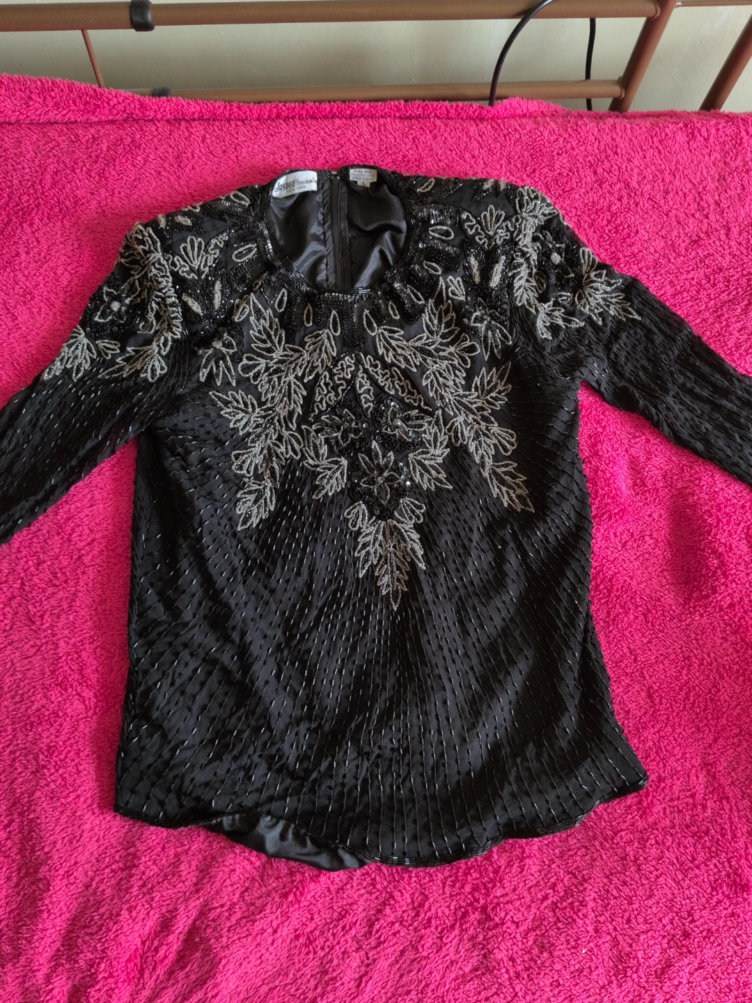 Black Beaded Leaf Design Long Sleeve Top