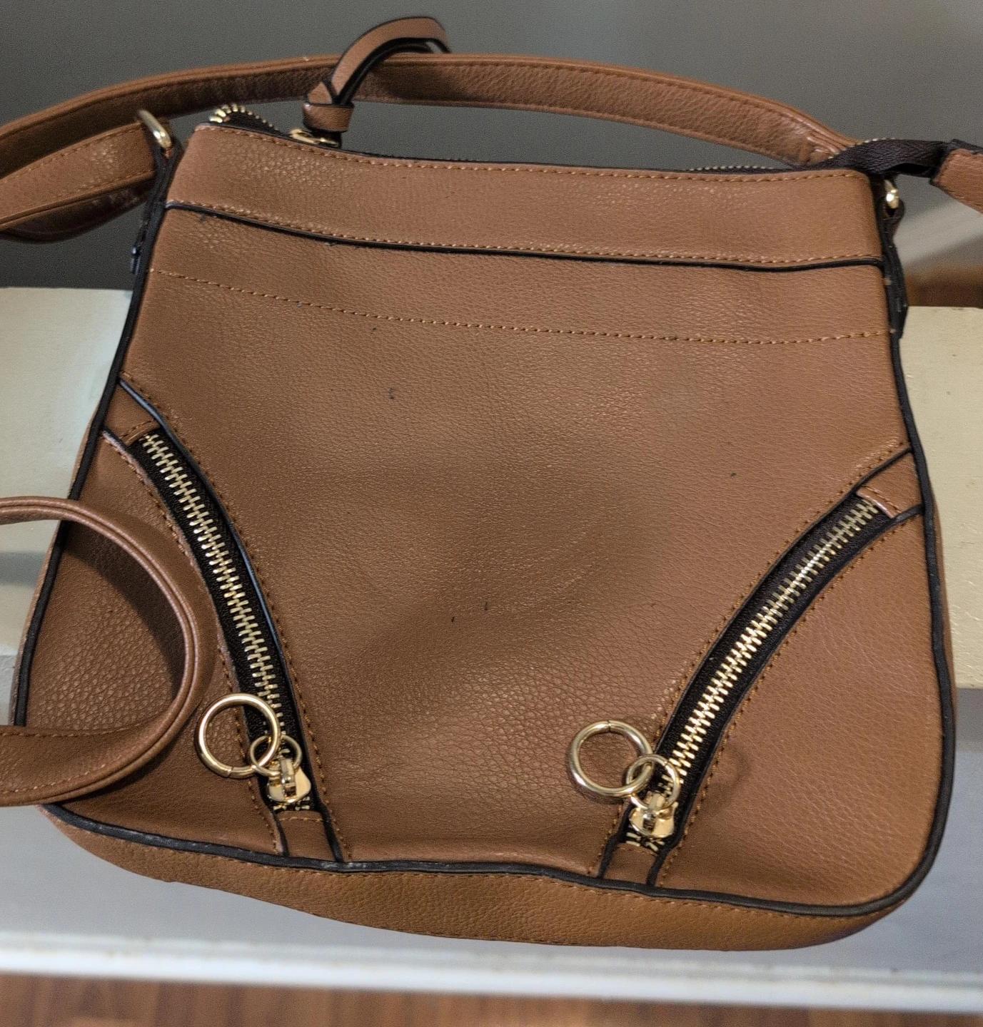 Brown Faux Leather Crossbody Bag with Zipper Detail