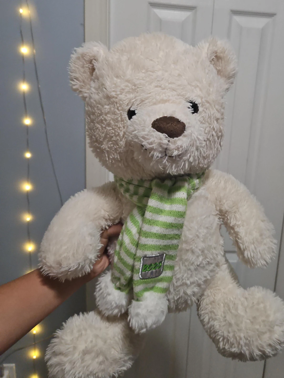 Cream Teddy Bear with Green Striped Scarf