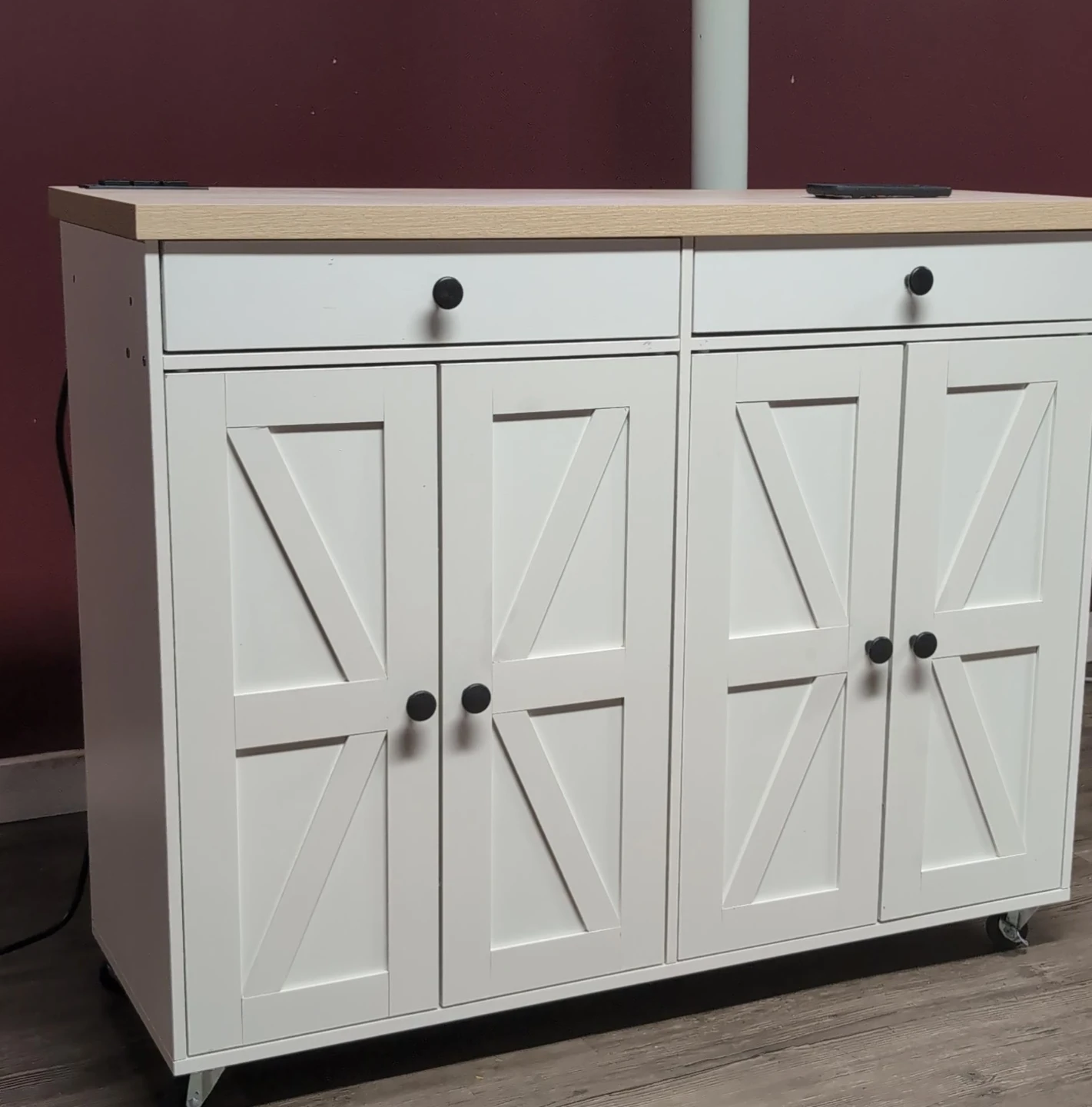 Rolling kitchen sideboard with power