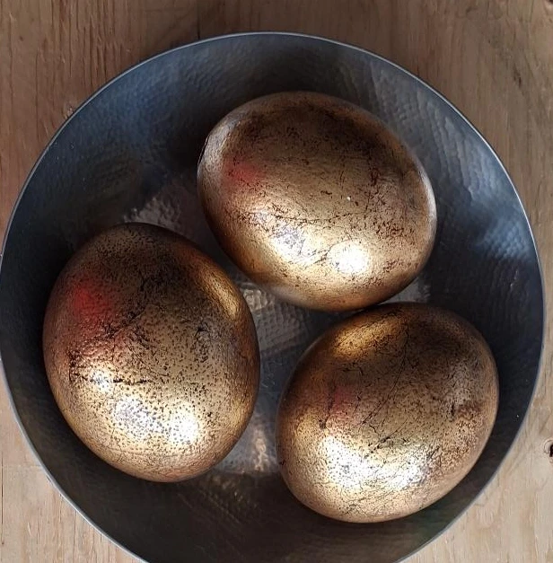 Set of 3 Decorative Gold  Ostrich Eggs and container