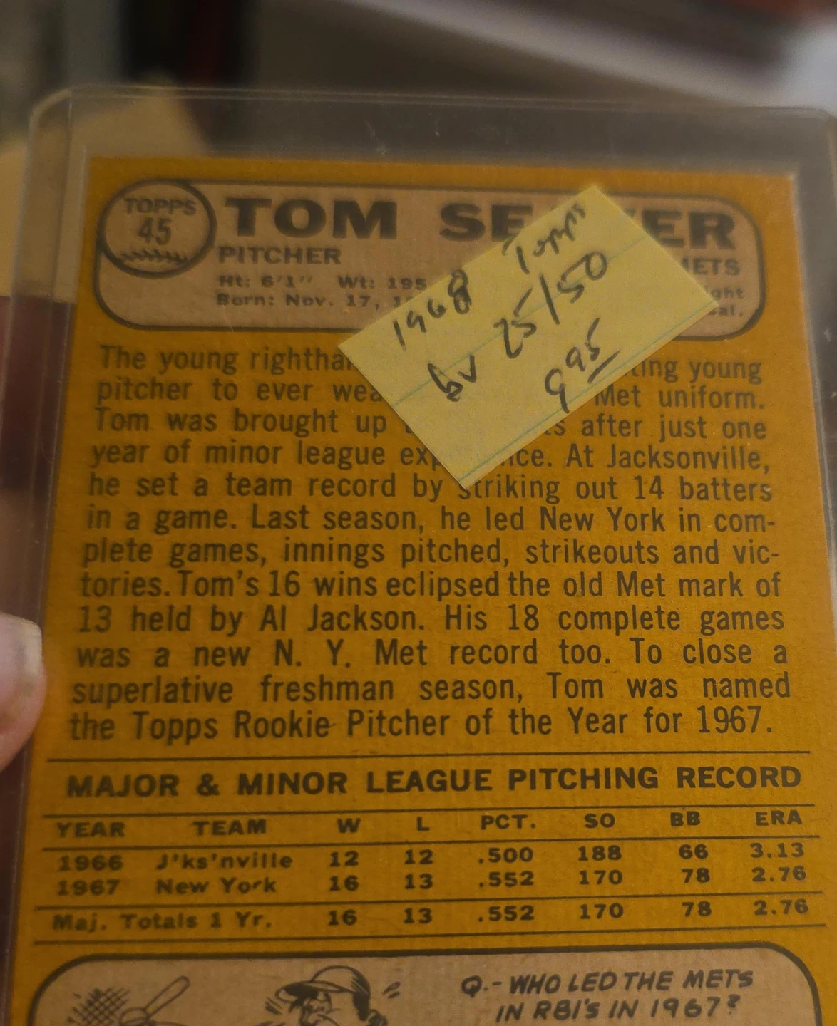 Topps 1967 Tom Seaver Rookie Pitcher Card