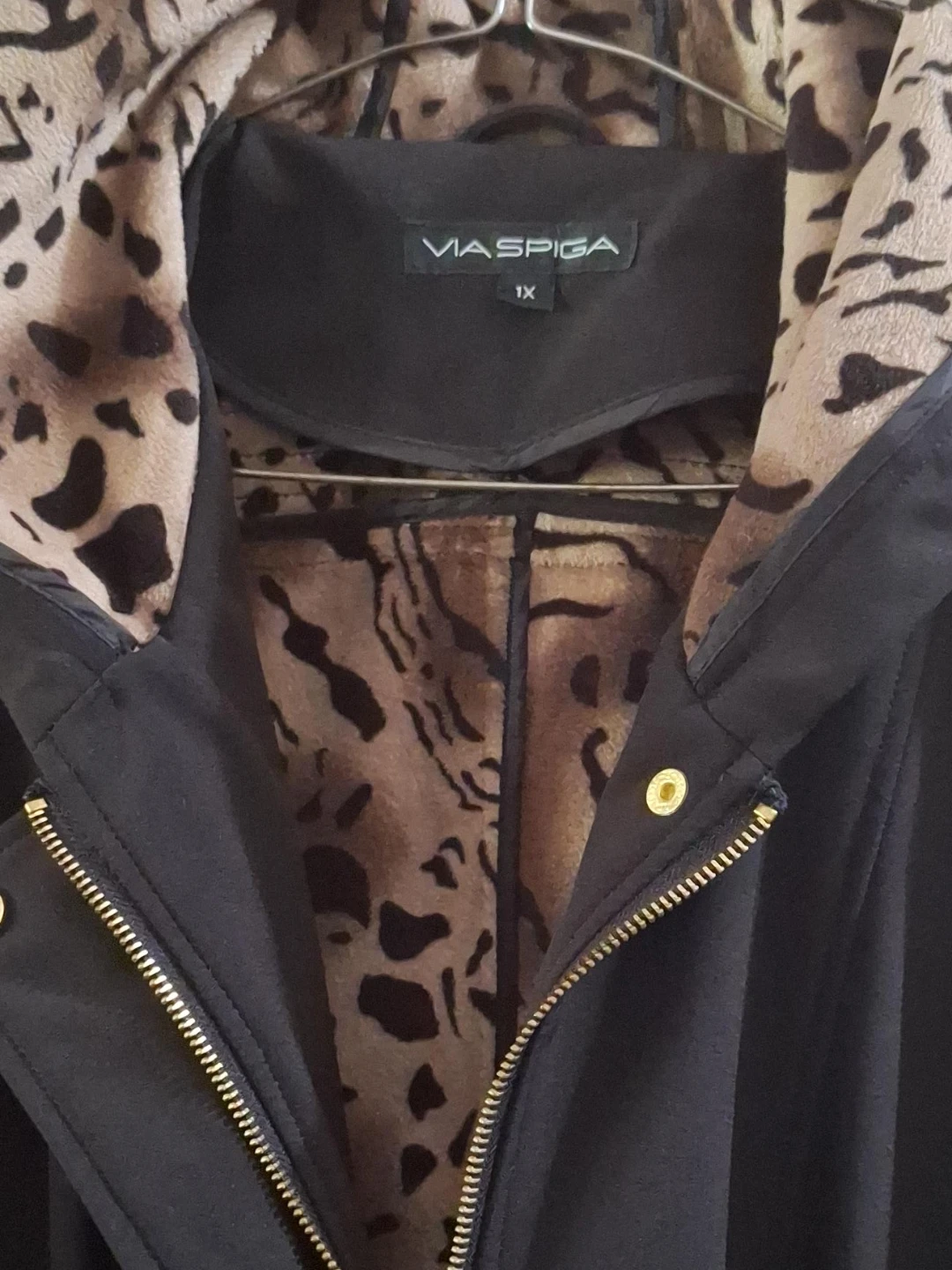 Via Spiga Black Hooded Parka Jacket with Leopard Print  - 1X