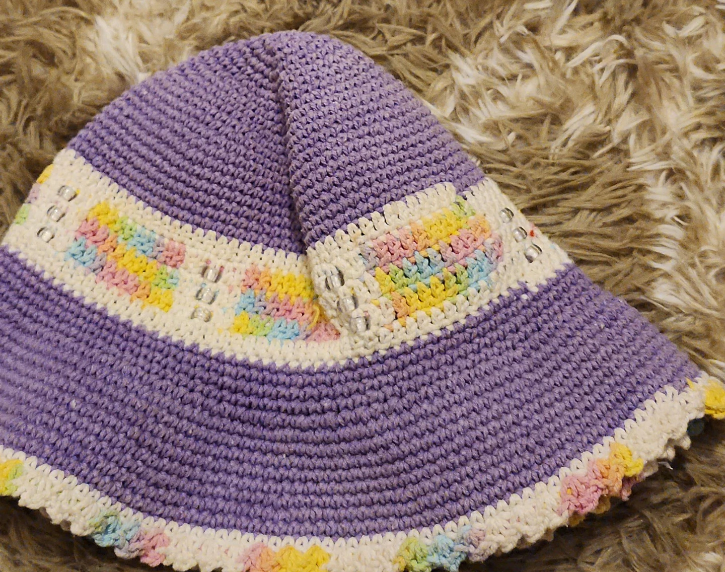 Purple Crocheted Bucket Hat with Pastel Details