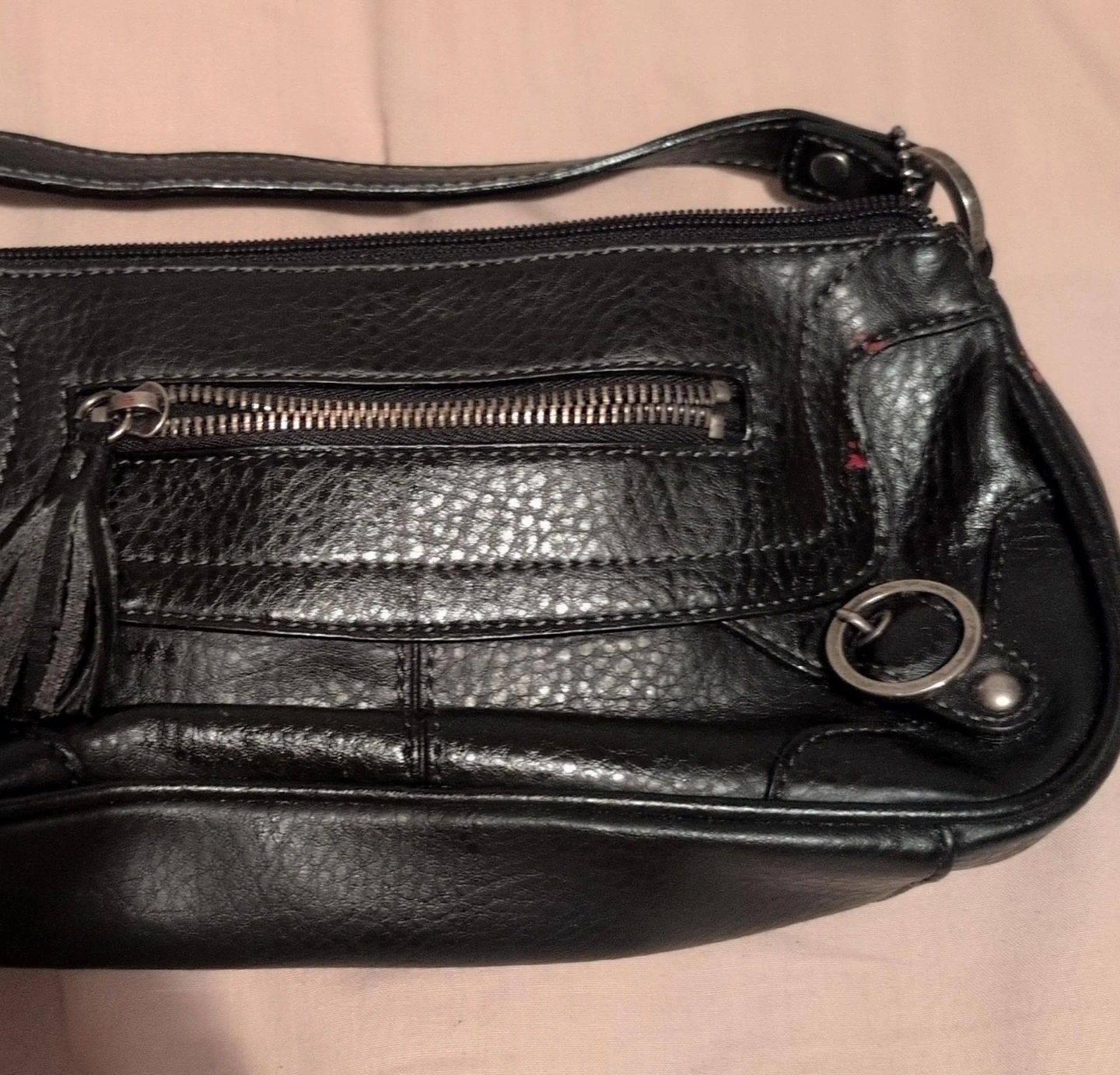 Black Faux Leather Shoulder Bag with Tassel Detail