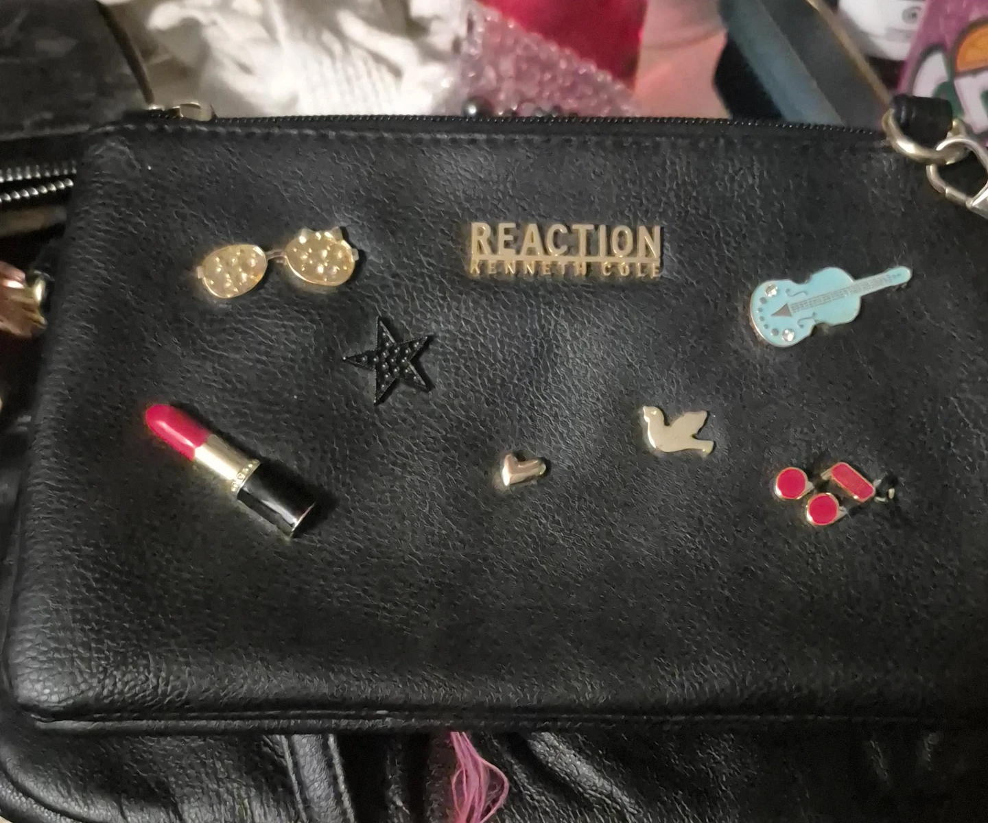 Reaction Kenneth Cole Black Faux Leather Clutch Pouch with Pins