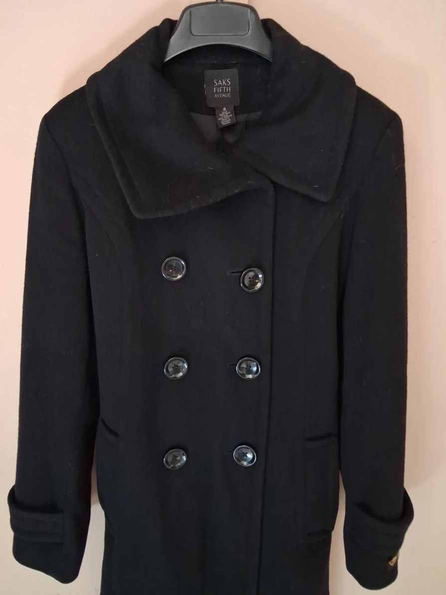 Saks Fifth Avenue Black Double-Breasted Wool Coat - Size 6