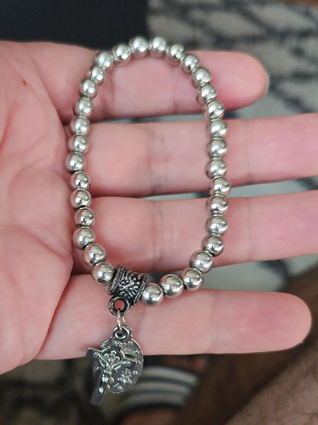 Silver Tone Beaded Bracelet with Crucifix Charm