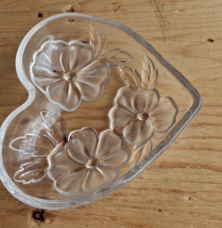 Glass Heart-Shaped Dish with Floral Design