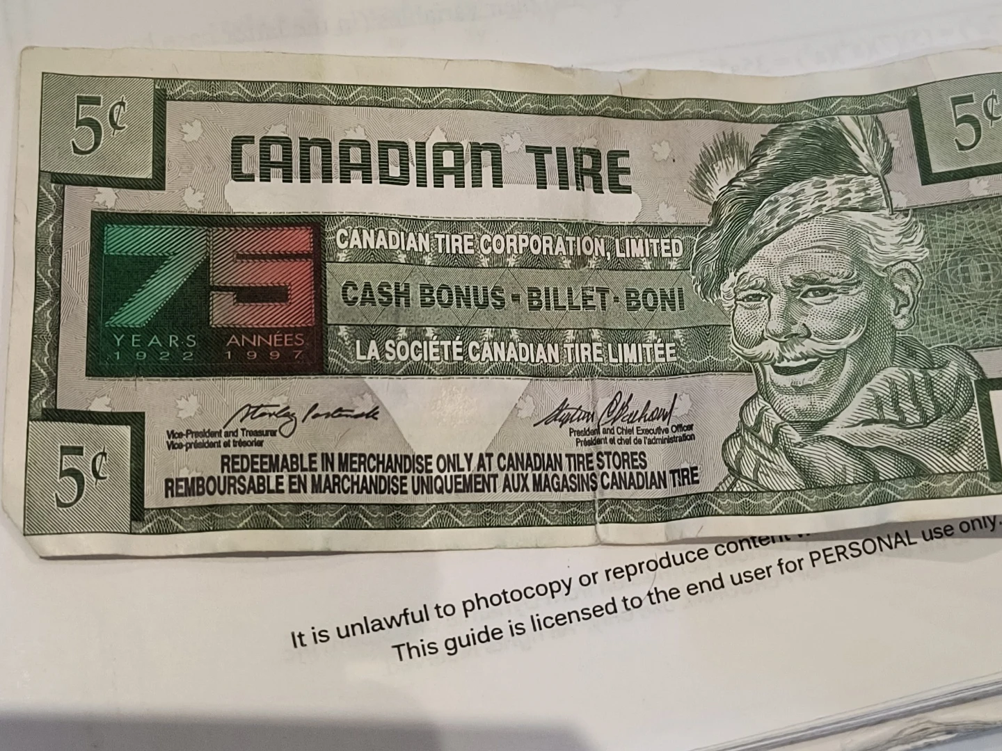 Canadian Tire 5 cent 75th Anniversary Bonus Bill