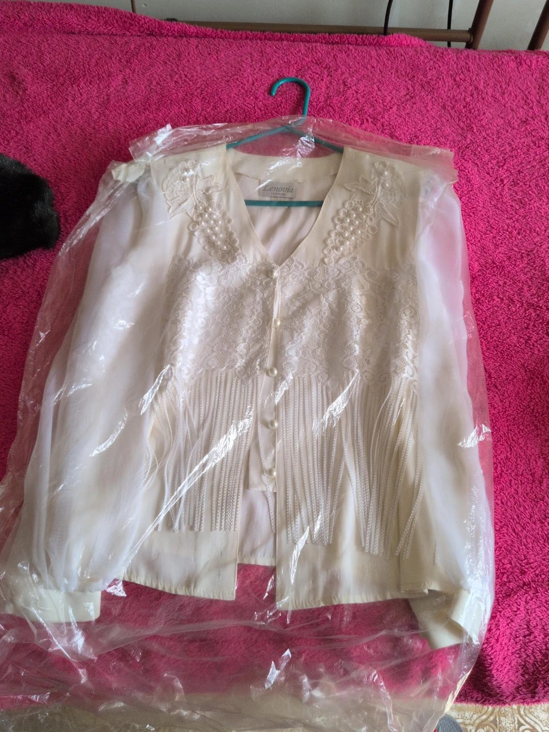 Lenovia Women's Cream Blouse with Pearl & Fringe Embellishments