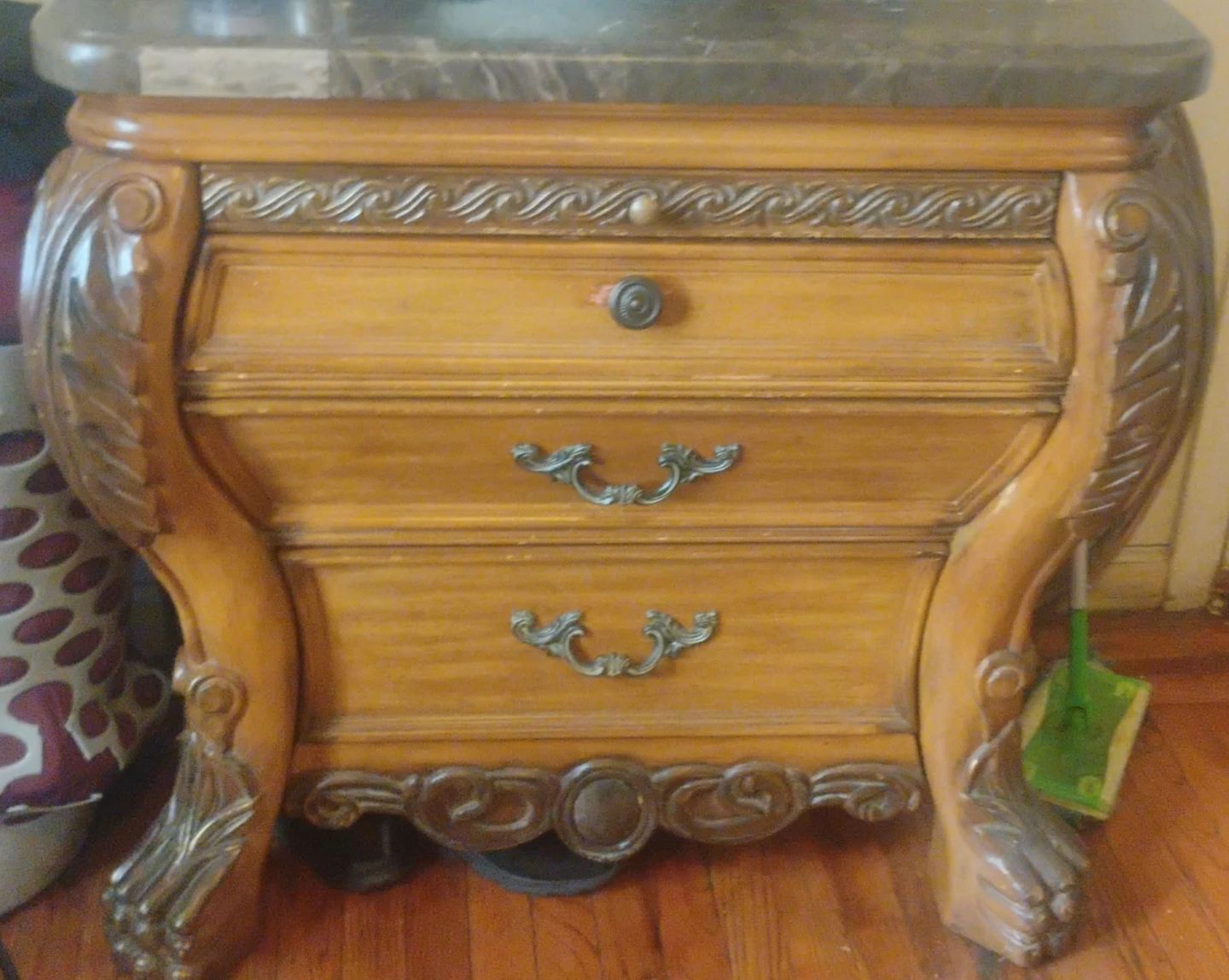 Two Vintage Ornate Wooden Nightstand with Marble Top
