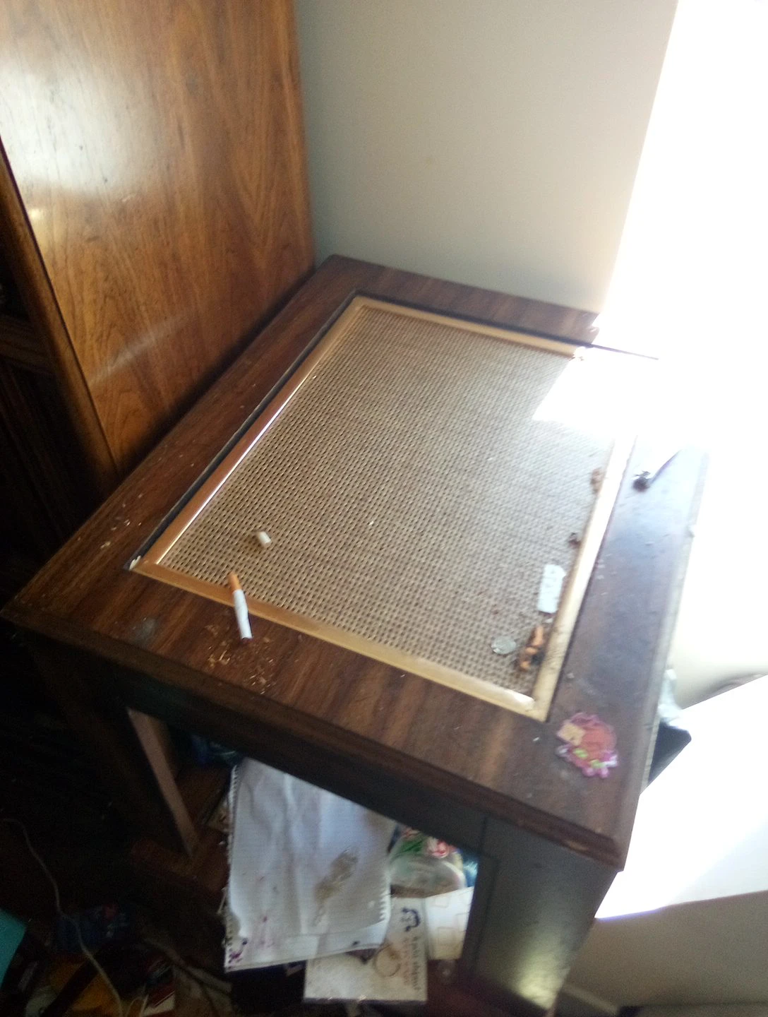 Vintage Wood Framed Side Table with Woven Insert