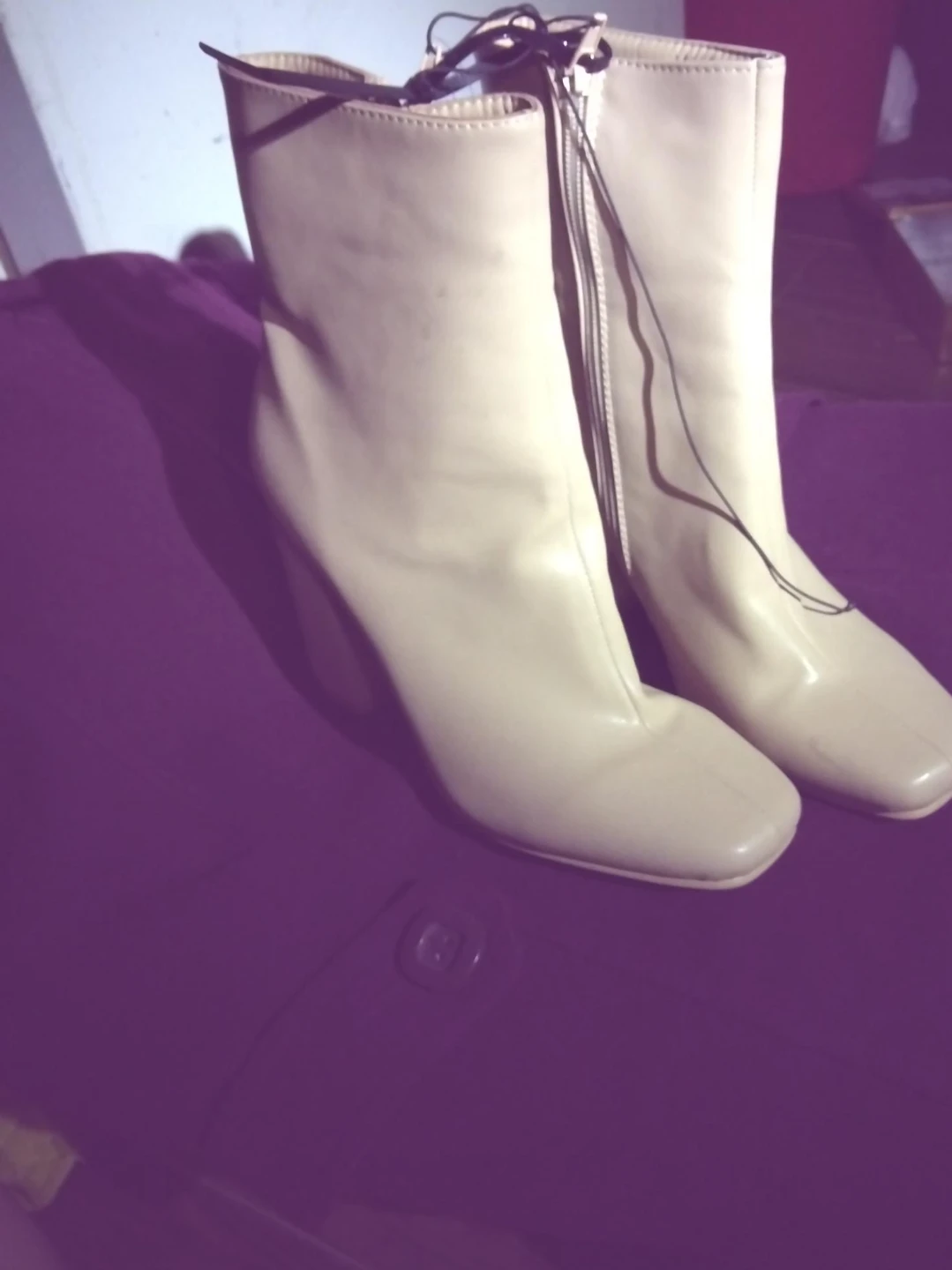 Cream Square Toe Block Heel Ankle Boots