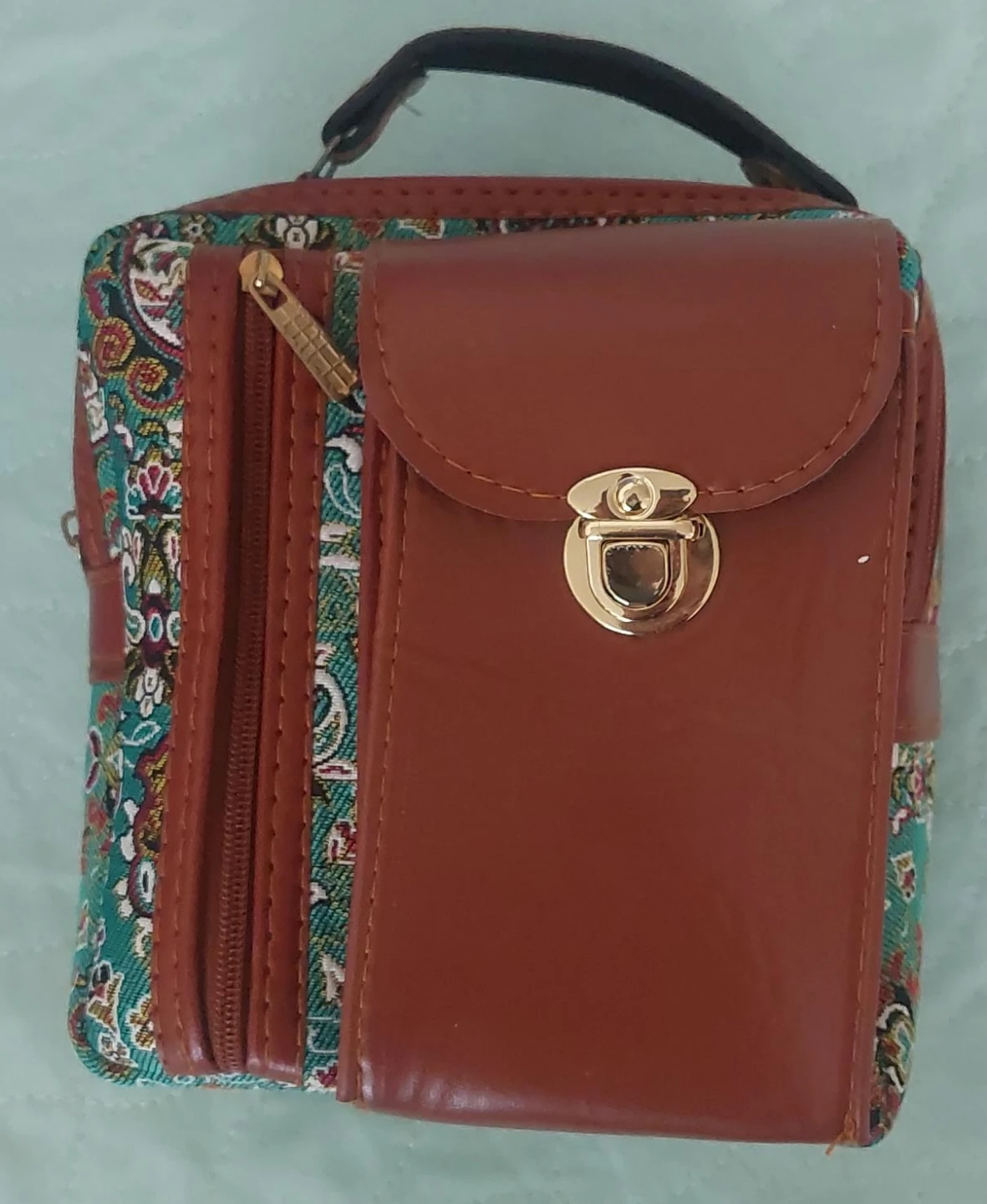Brown Faux Leather & Paisley Print Crossbody Bag