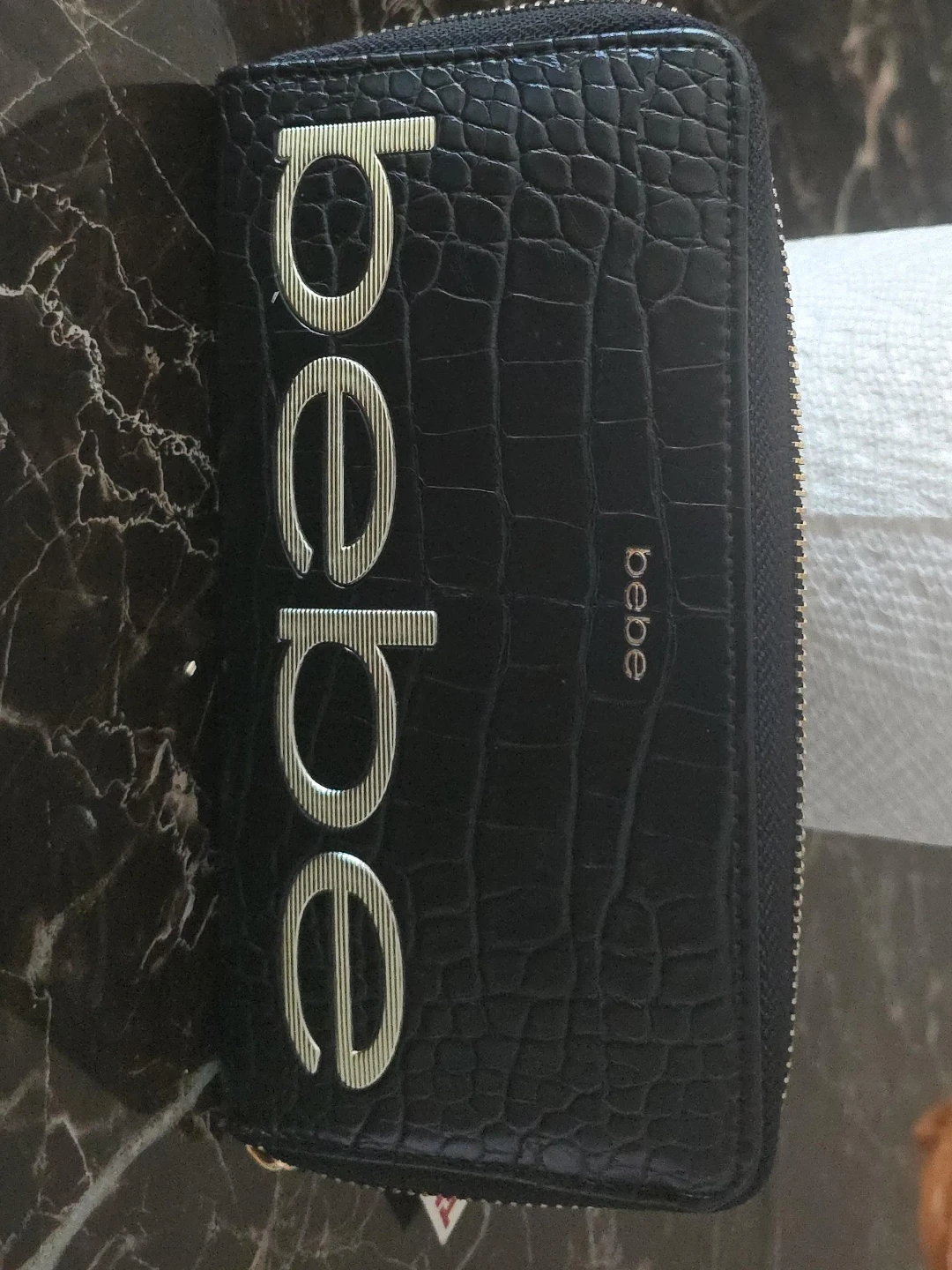 Bebe Black Croc Embossed Zip Around Wallet