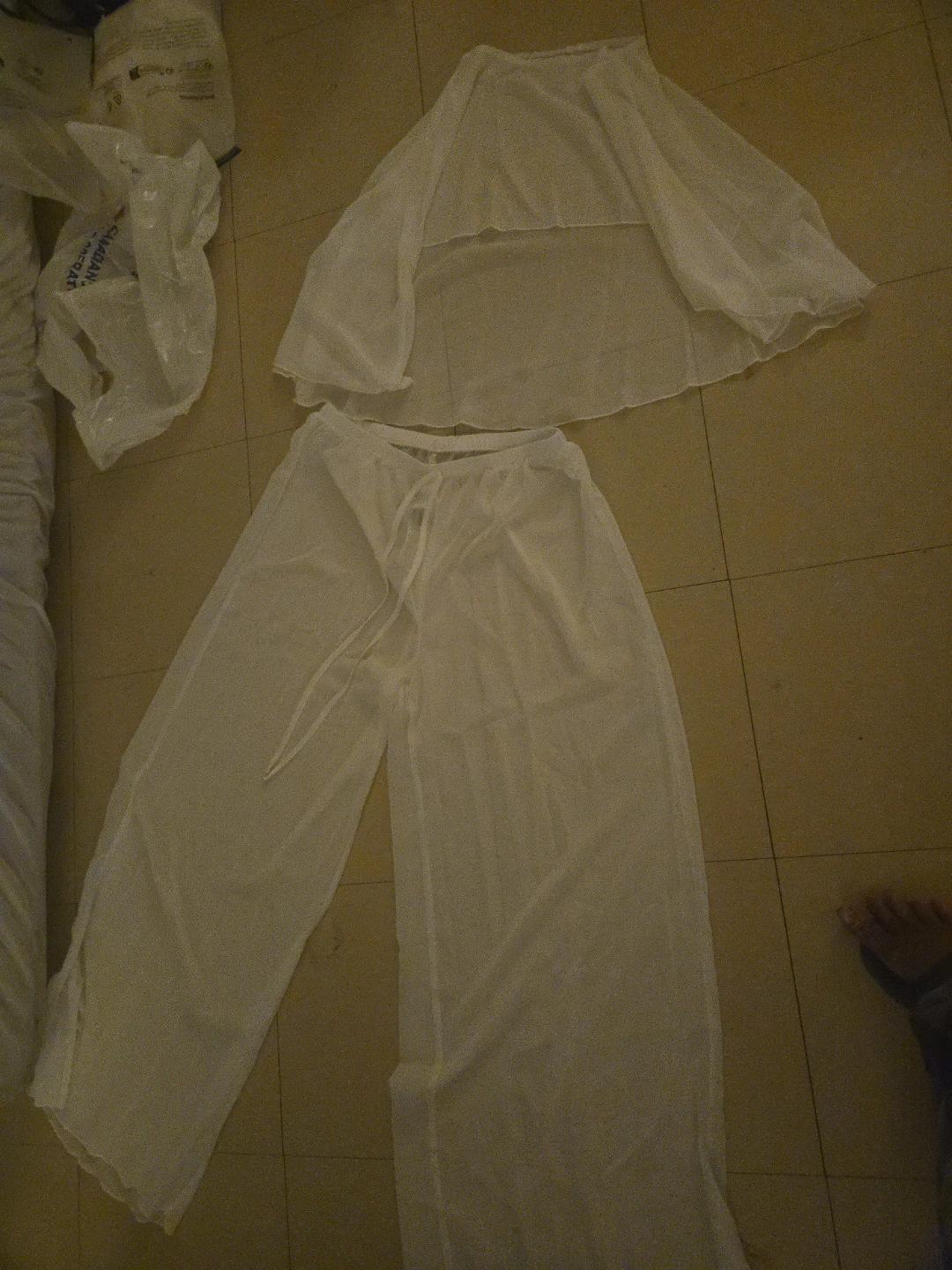 White sheer pants and skirt