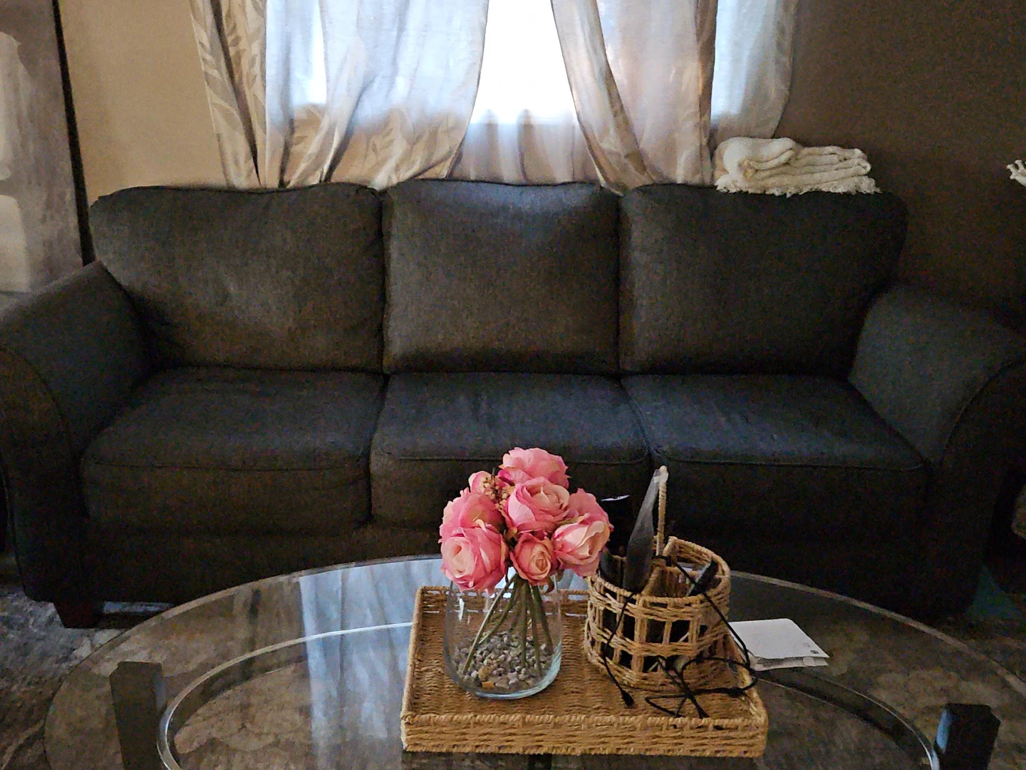 Dark Grey Sofa with  coffee table and two small tables