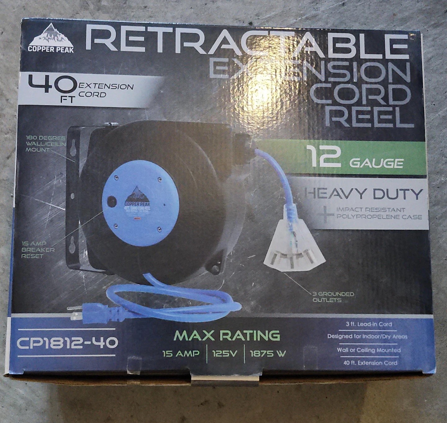 Copper Peak 40ft Retractable Extension Cord Reel