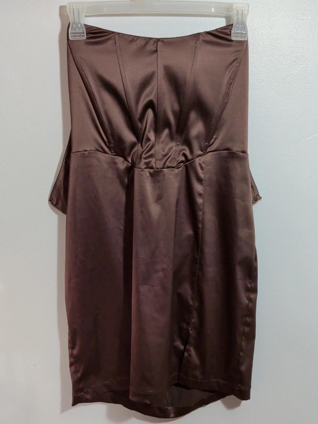 Brown Strapless Satin Mini Dress