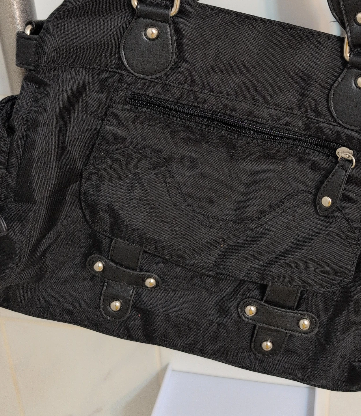 Black Nylon Tote Bag with Leather Accents