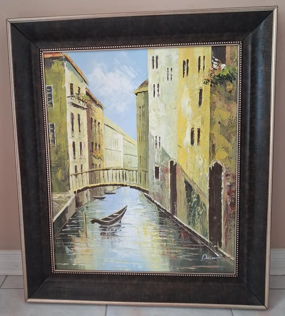 Framed Oil Painting of a Venetian Canal