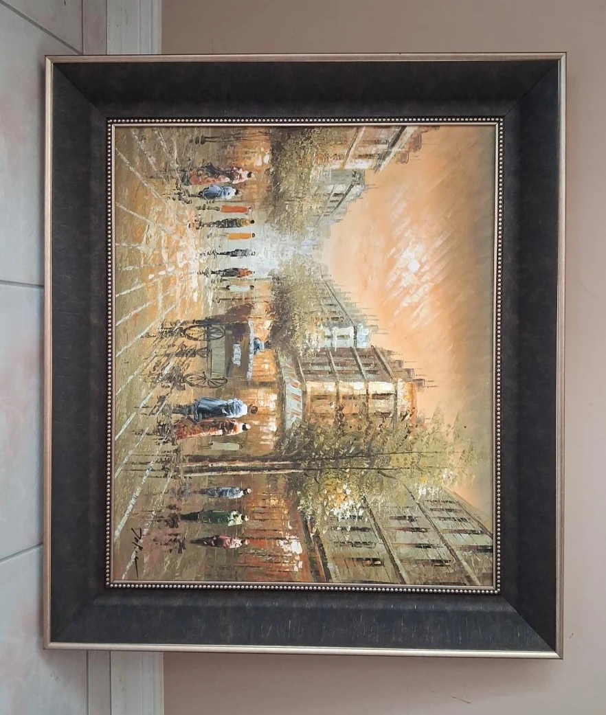 Framed Oil Painting of a Street Scene