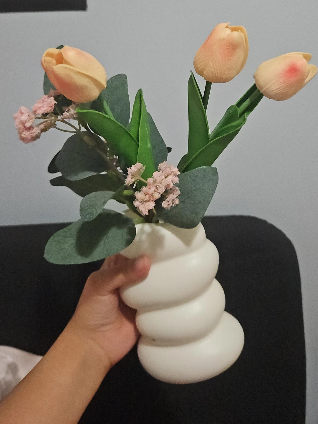 Artificial Tulip Arrangement in White Swirl Vase