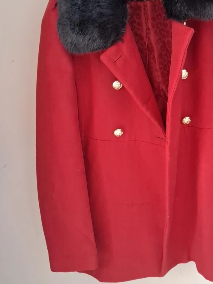 Red Double-Breasted Coat with Faux Fur Collar