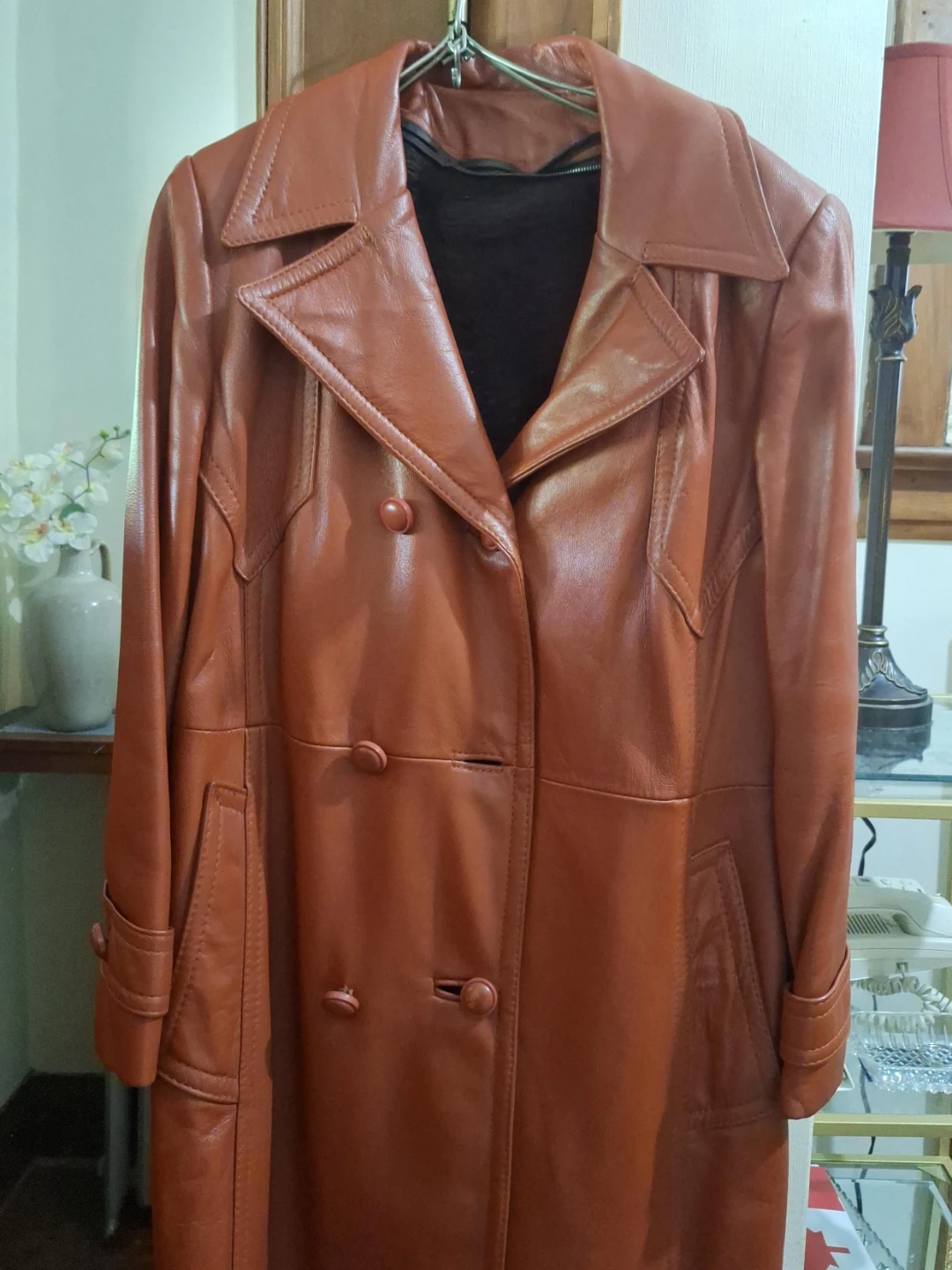 Tan Leather Double-Breasted Trench Coat