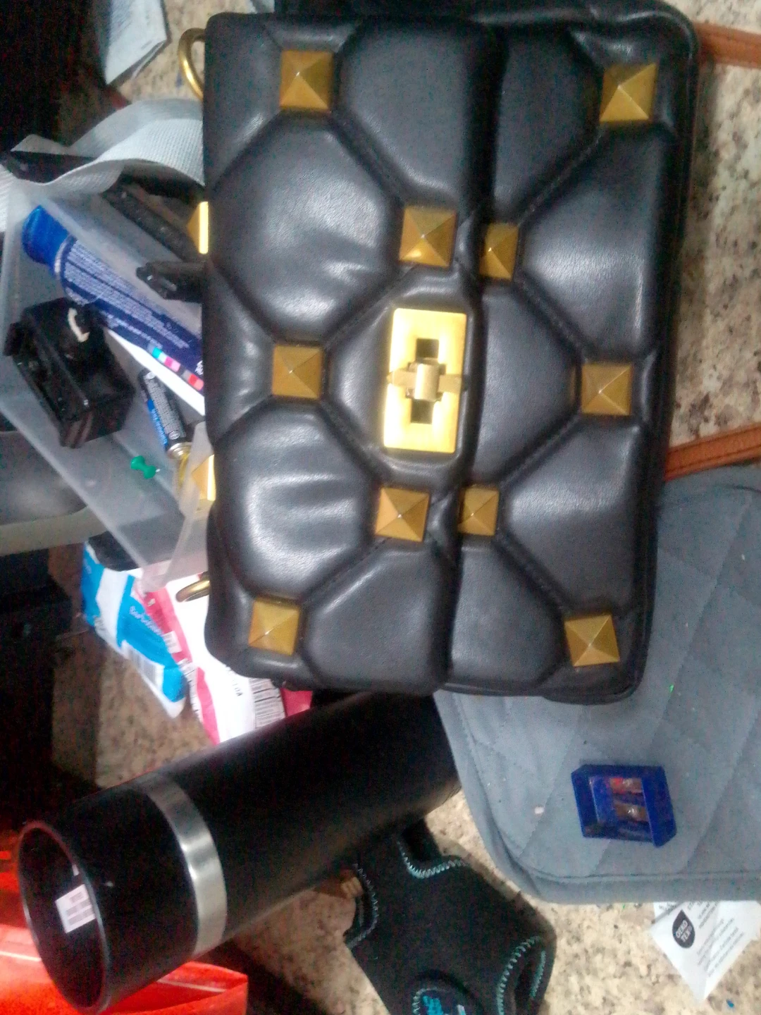 Black Quilted Handbag with Gold Studs