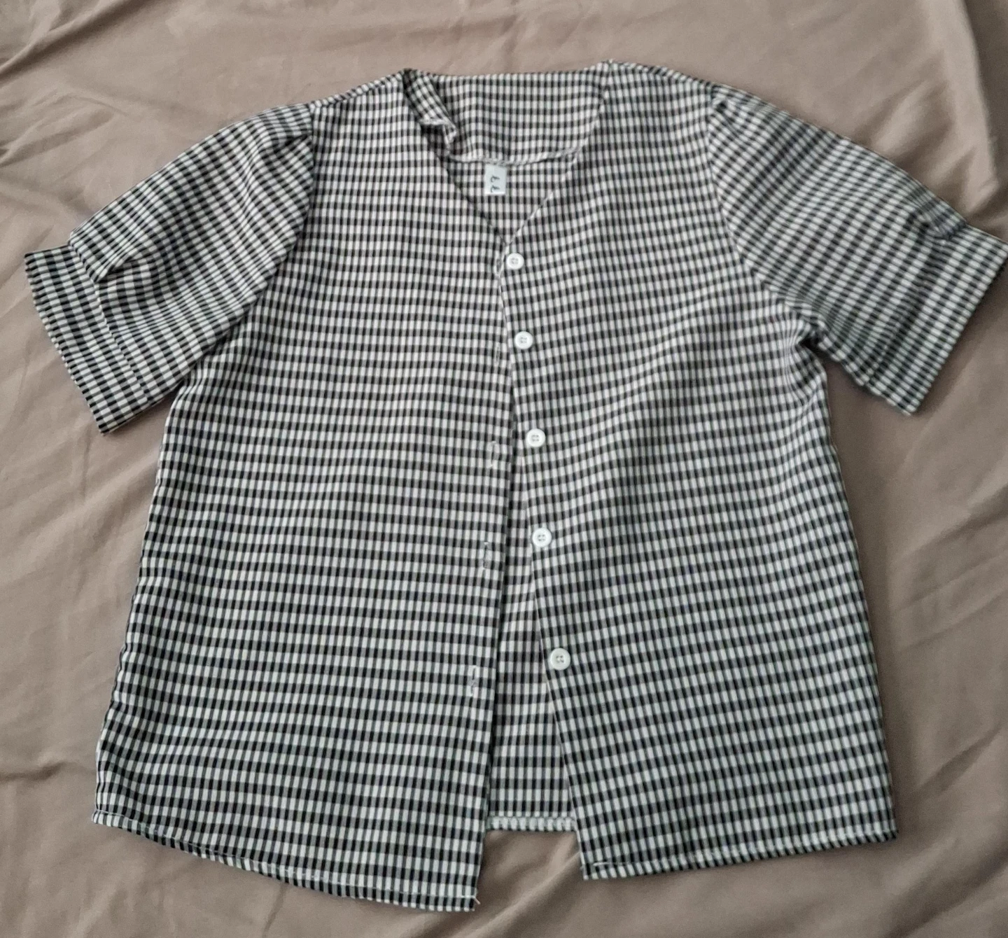 Short Sleeve Gingham Button-Up Blouse