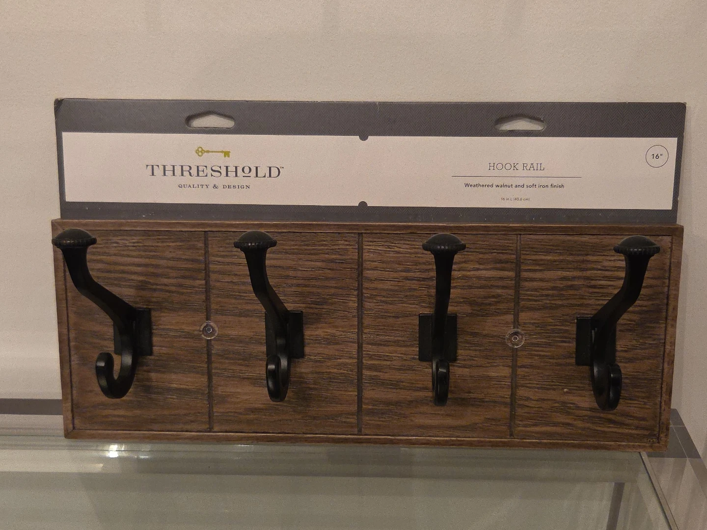 Threshold Hook Rail - Weathered Walnut & Soft Iron Finish - 16"