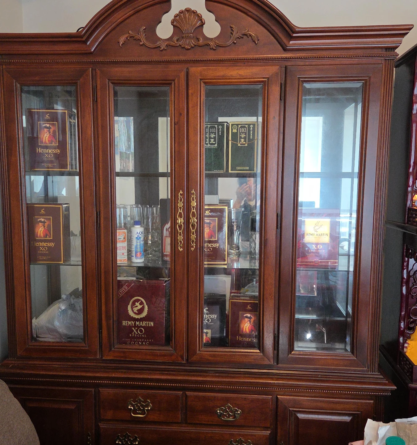 Cherry Hardwood Display Cabinet with Drawers