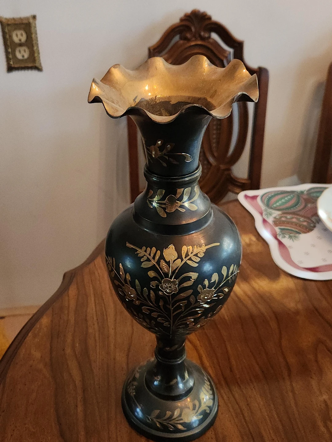 Black and gold etched brass vase