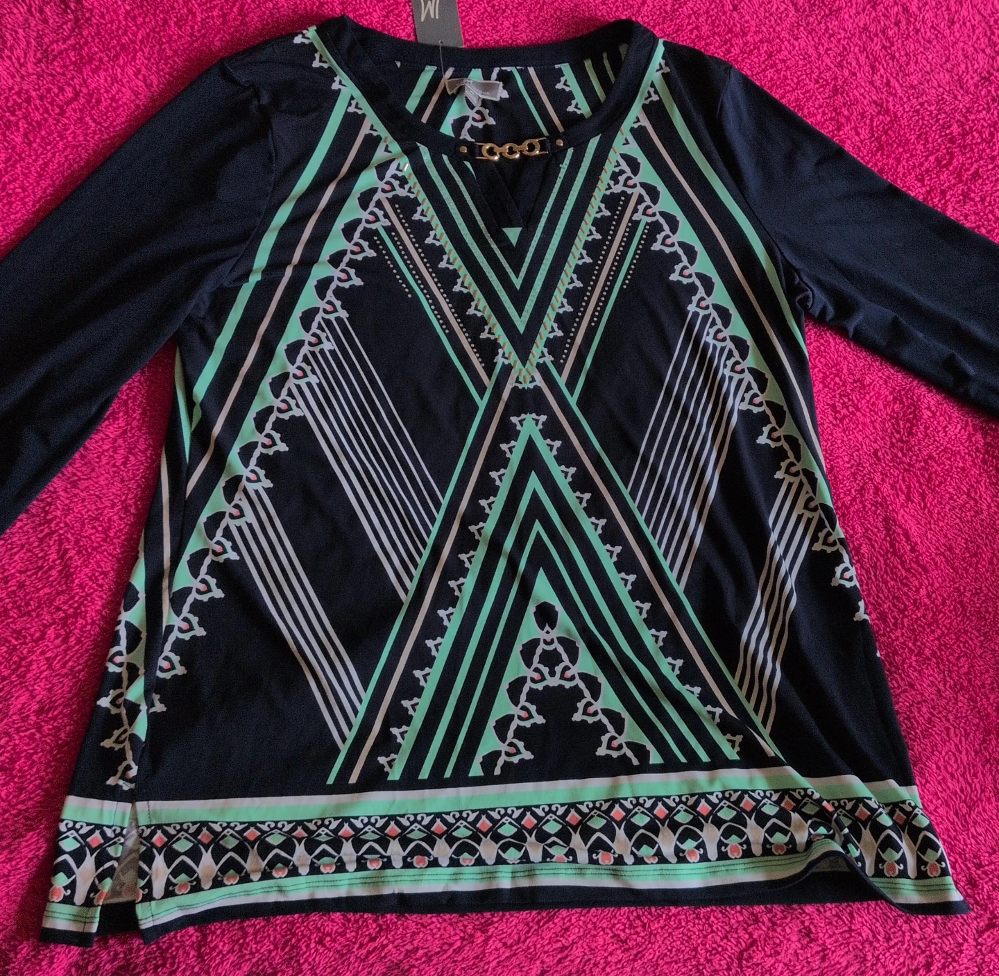Black and Mint Geometric Print Top with Gold Chain Detail