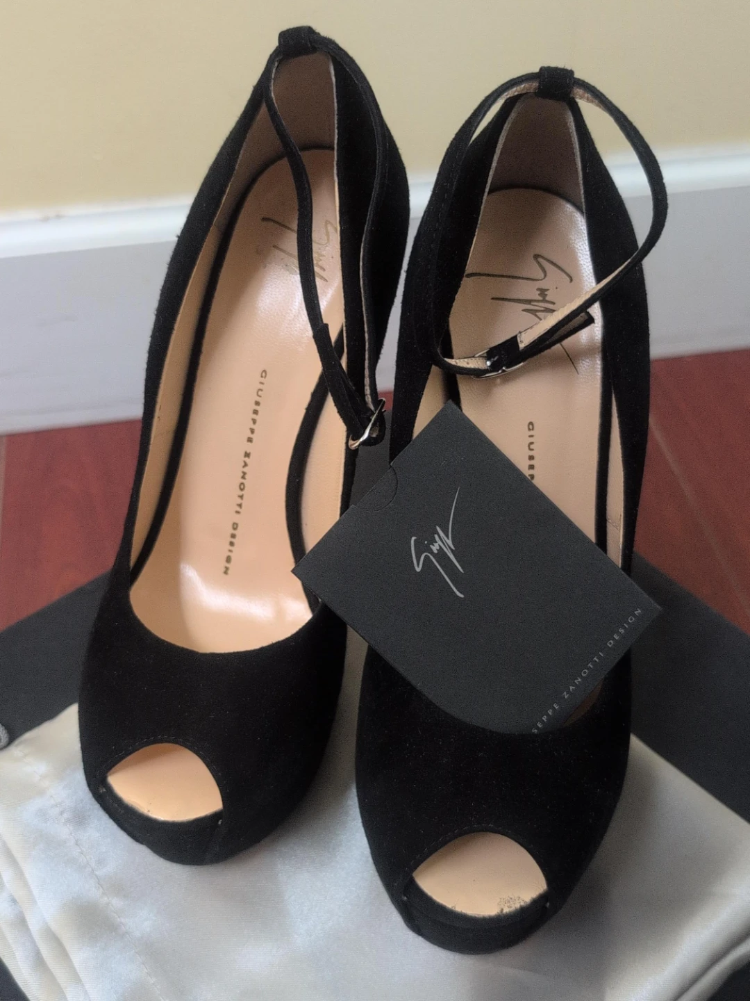 Giuseppe Zanotti Black Suede Peep-Toe Heels