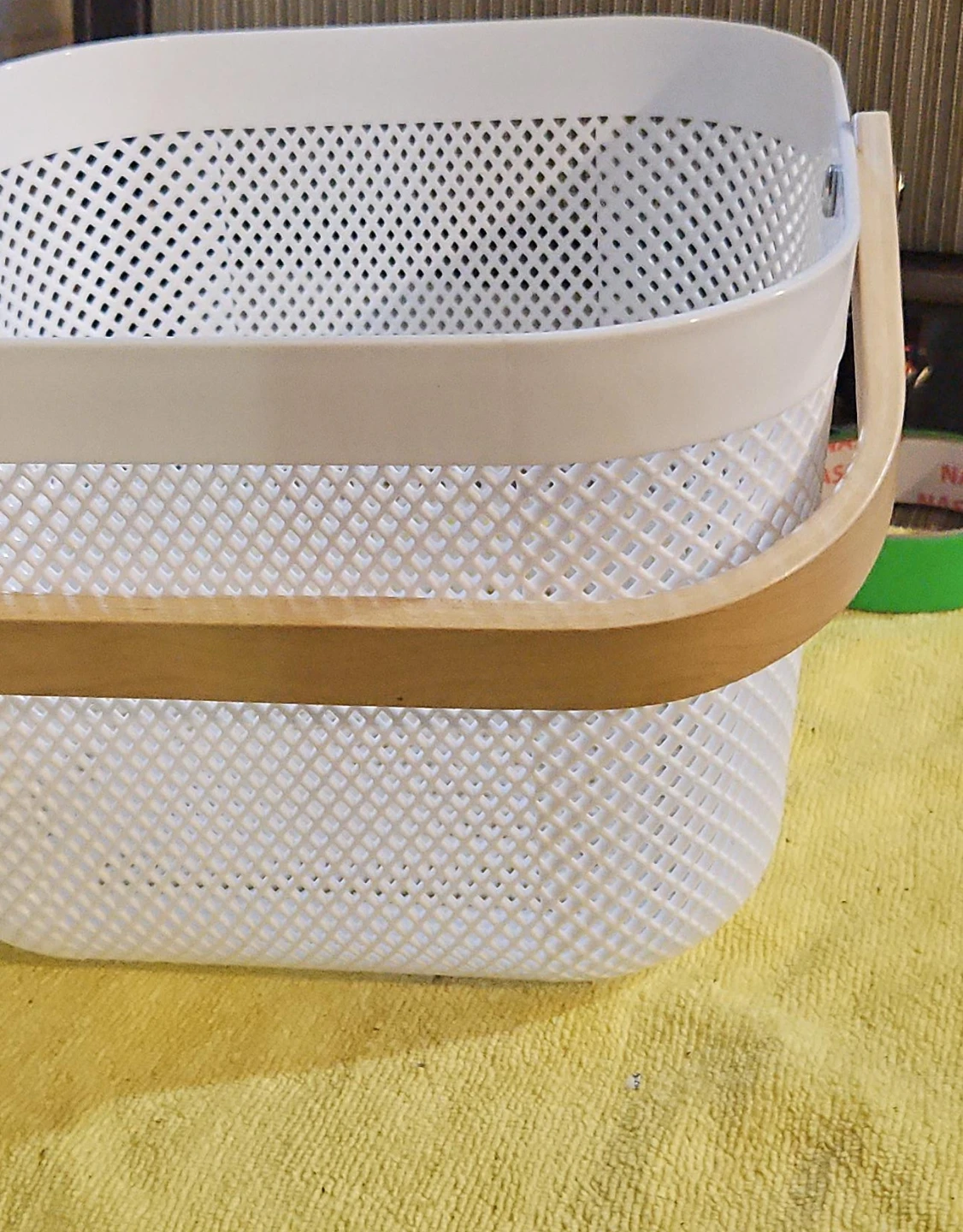 Set of 2 White Perforated Storage Baskets with Wood Handles