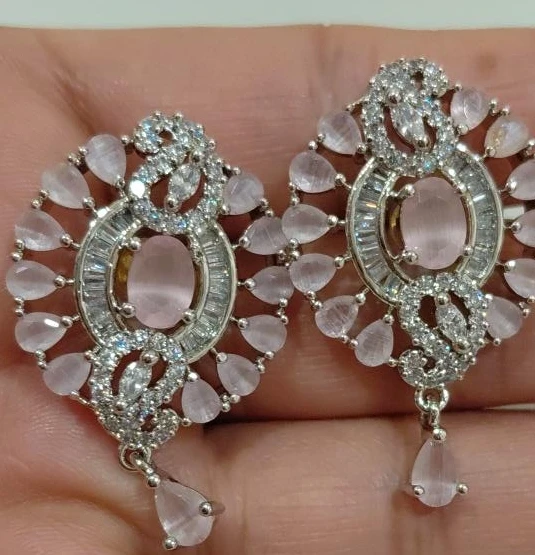 Pink Stone and Crystal Drop Earrings