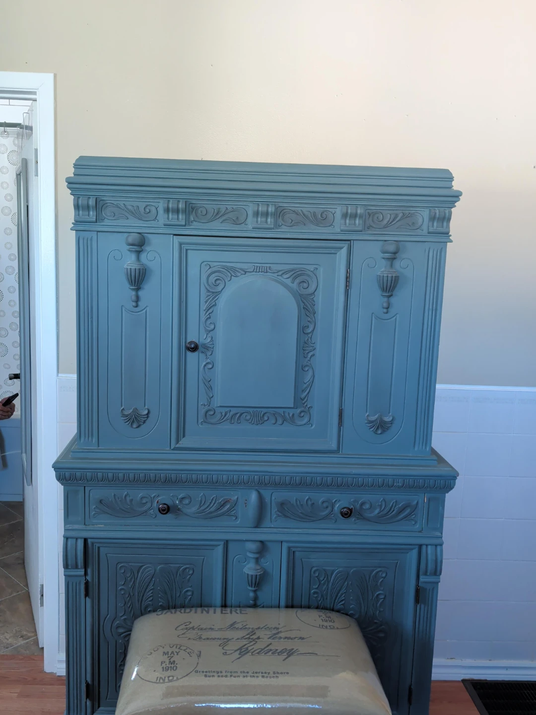 Blue Painted Cabinet with Ornate Carvings