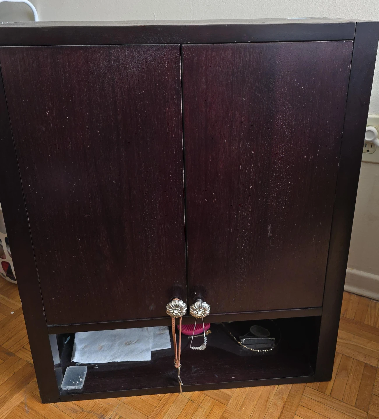 Dark Wood Two-Door Cabinet with Open Shelf