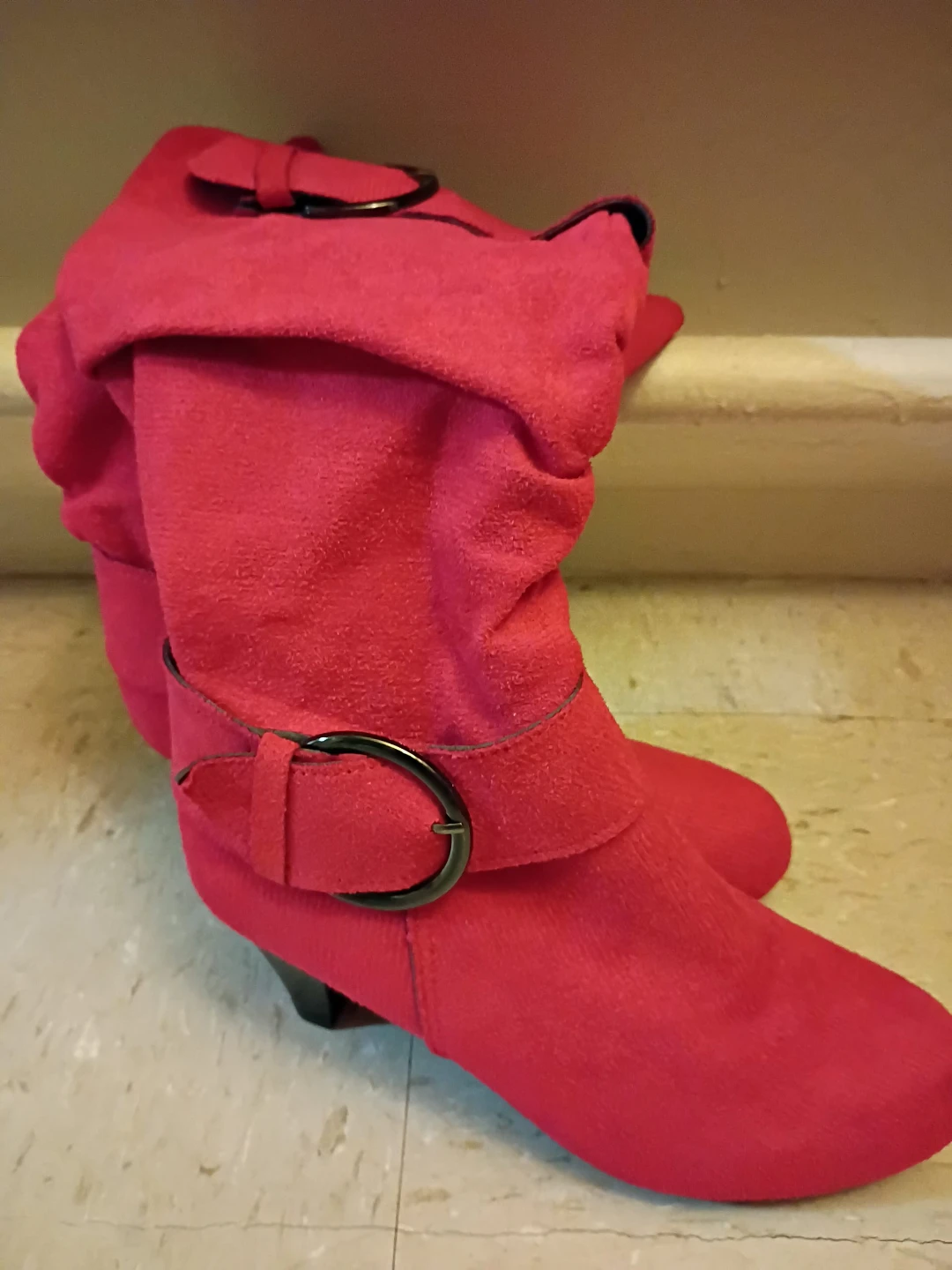 Red Suede Slouch Boots with Buckle