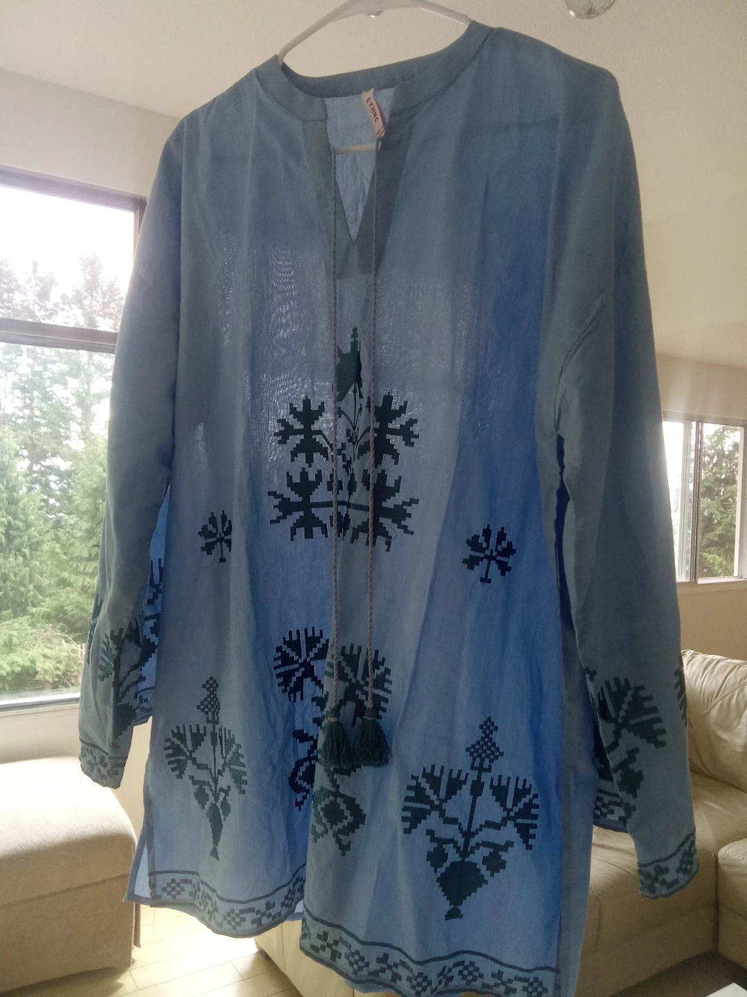 Ethniko Blue Embroidered Tunic Top