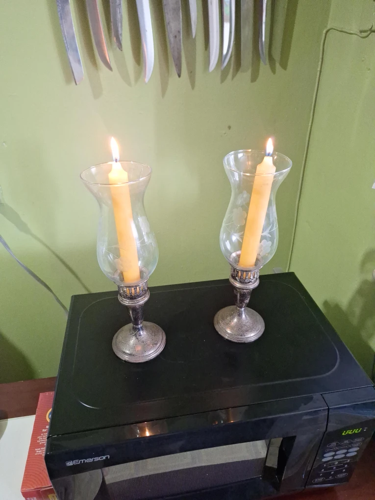 Set of Two Etched Glass and Metal Candle Holders