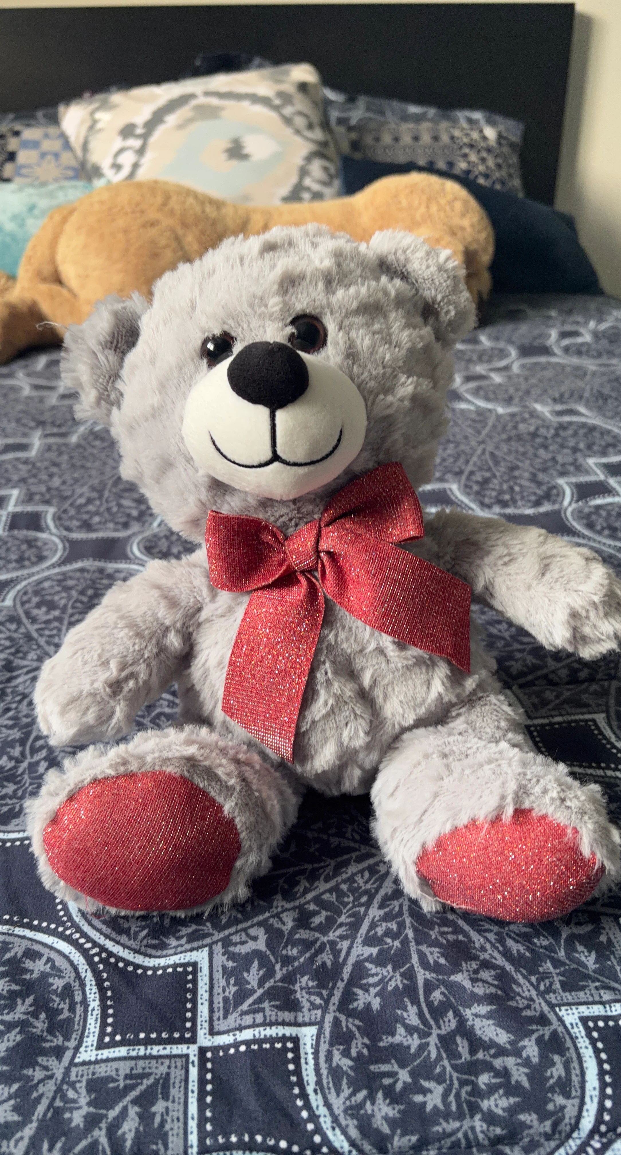 Grey Teddy Bear with Red Bow