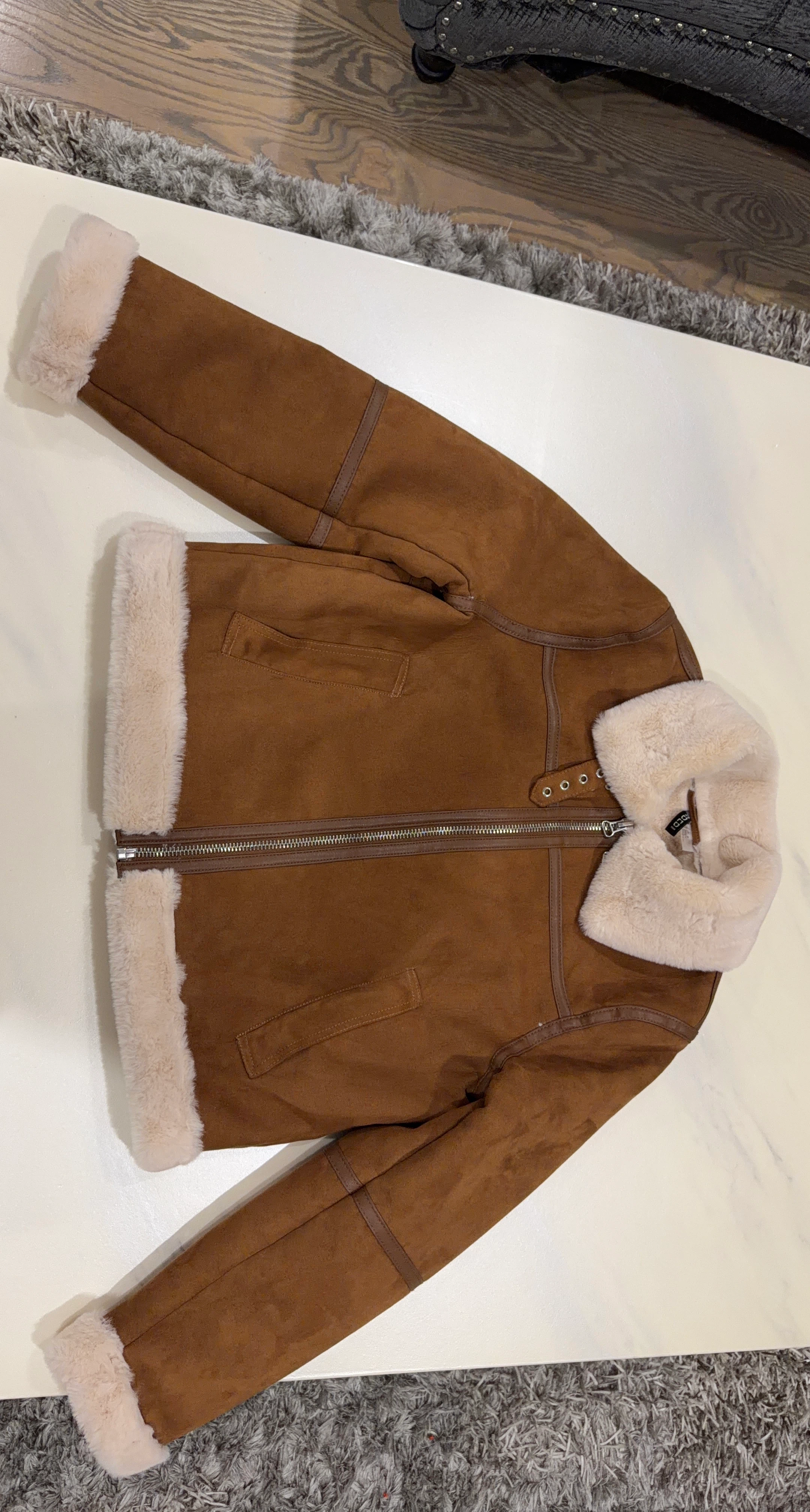 H&M Brown Faux Suede Faux Fur Aviator Jacket