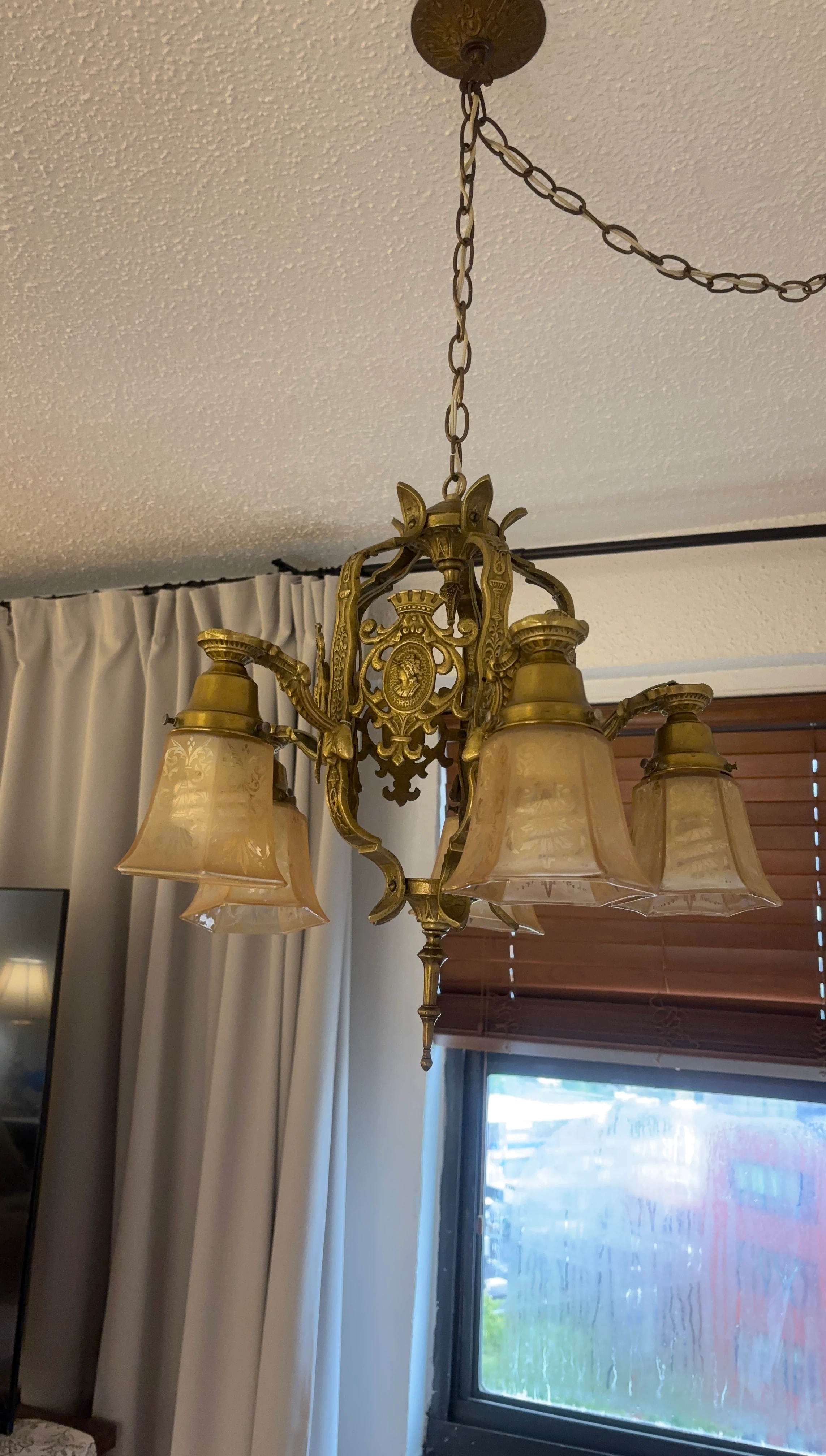 Vintage Brass Chandelier with Etched Glass Shades