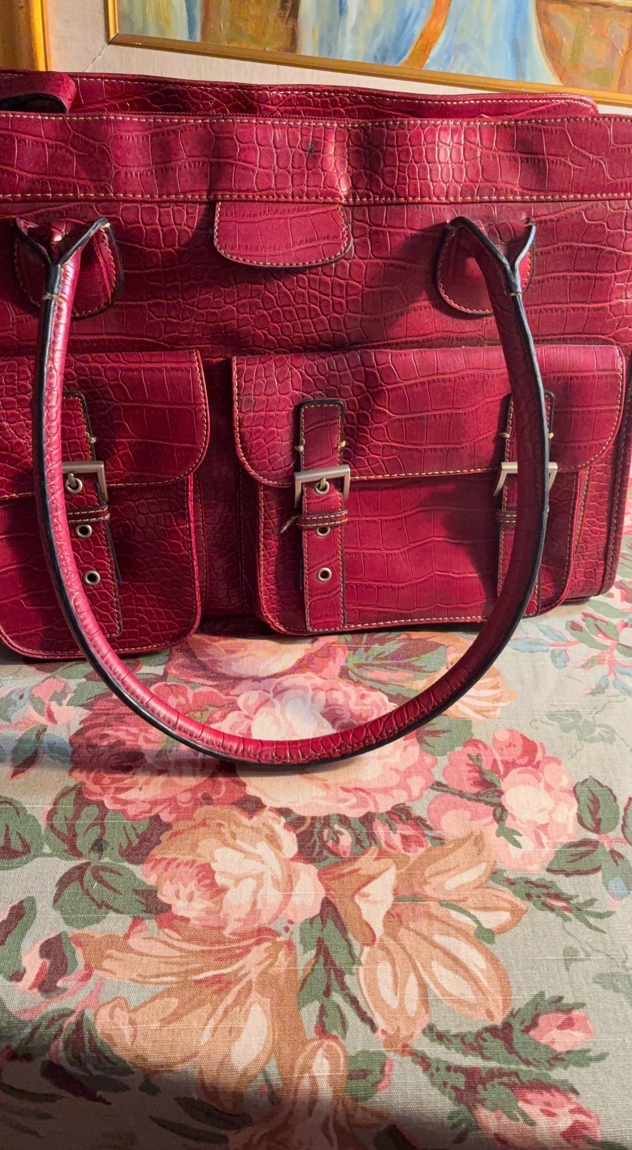 Red Croco-Embossed Faux Leather Tote